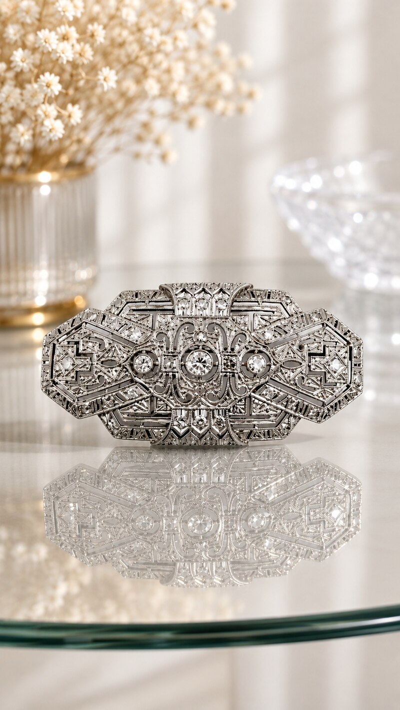 Filigrane antike Art-D&eacute;co-Brosche aus Platin mit Diamanten